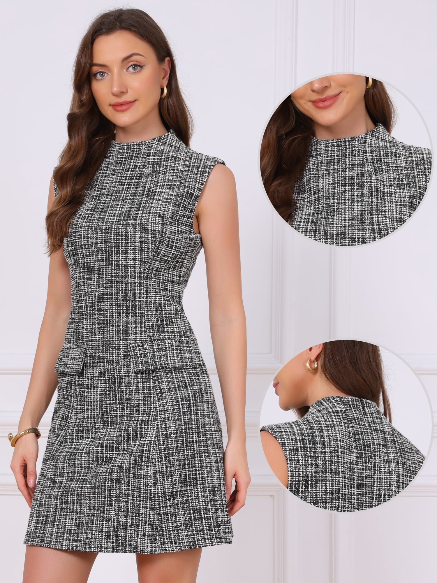 DARING DIVA Women's Summer Professional Work Mock Neck Tweed Sheath Dress L Black