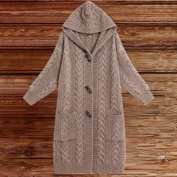 Women's Plus Size Long Hooded Cardigan, Cable Knit Open Front Sweater, Winter Warm Knit Jacket, Mid-Length Outerwear, Casual Loose Fit Coat Brown L