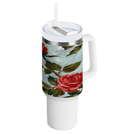 

40 Oz Car Handle Water Bottle 10.8x3.85 Inch Handle And Straw Travel Water Bottle Reusable Stainless Steel Water Bottle Oil Painting Rose
