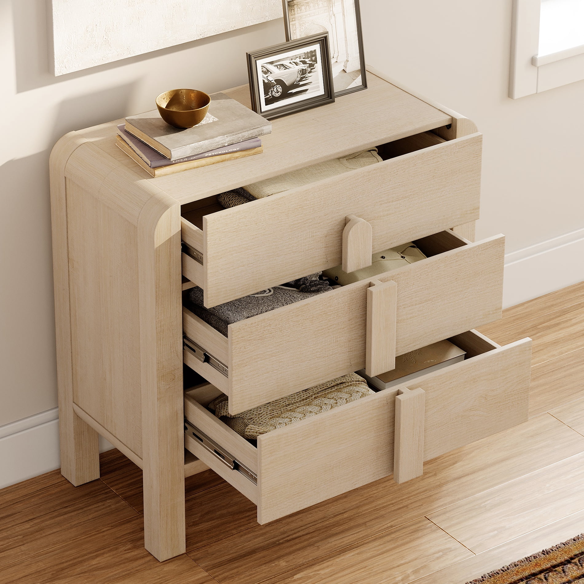 Modern Wood 3-Drawer Dresser with Curved Profile Design, Mid Century Dresser Organizer Storage for Bedroom,Living room, Entryway