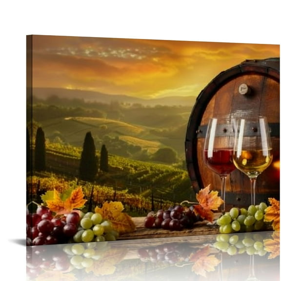 Shiartex Red Wine Glasses Canvas Wall Art For Kitchen Dining Room Decor, Rustic Vineyard Paintings Fruit Grape Artwork Pictures Prints for Bar Living Room Decoration 20x16in
