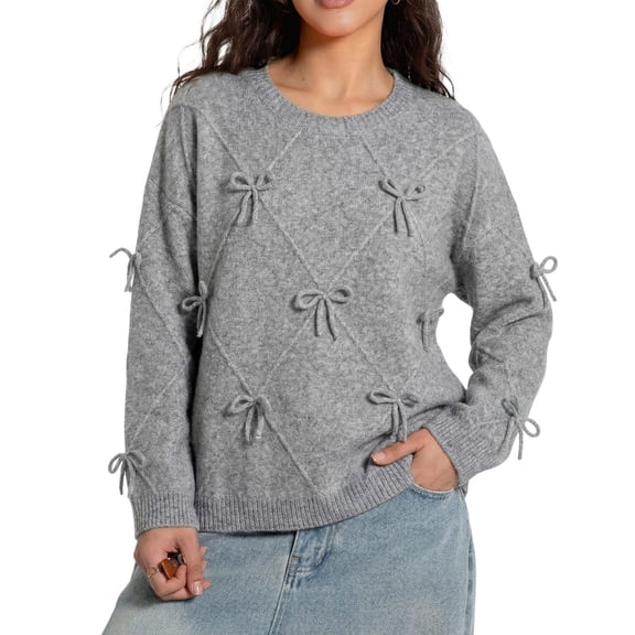 GBSYEWXS Women Sweater Crew Neck Bow Print Long Sleeve Casual Comfortable Grey Sweater