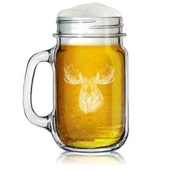 16oz Mason Jar Glass Mug w/Handle Gift Moose Head