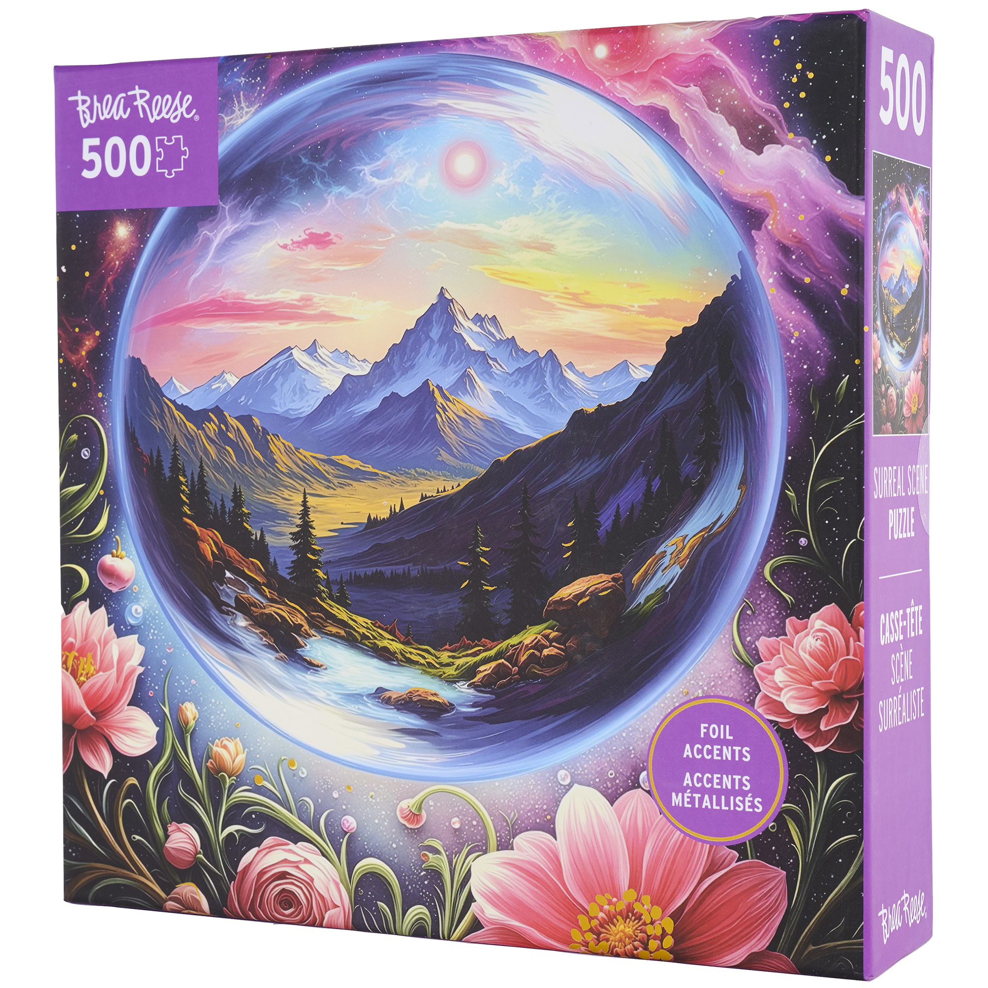Brea Reese: 500 Piece Puzzle - Surreal Scene - Celestial Orb Framed Mountain Landscape, Adult Jigsaw, Metallic Foil, Snap-Fit, Image Reference Poster
