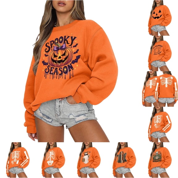 SIYUDAN Halloween Sweatshirt for Women Vintage Graphic Pumpkin Sweatshirts Long Sleeve Crewneck Pullover Orange Sweater for Woman Halloween Outfit M