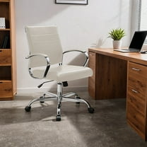 Benmar Mid-Back Office Chair in White Leather Upholstery with Swivel, Tilt, and Chrome Base, Modern Desk Seating for Home Office or Conference Room