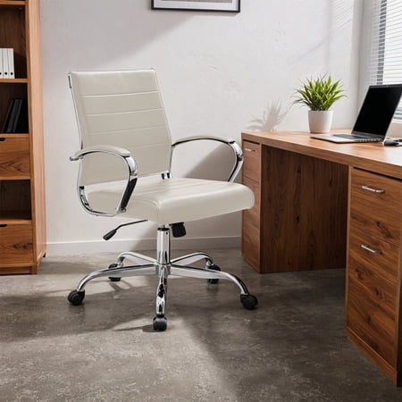 Benmar Mid-Back Office Chair in White Leather Upholstery with Swivel Tilt and Chrome Base Modern Desk Seating for Home Office or Conference Room