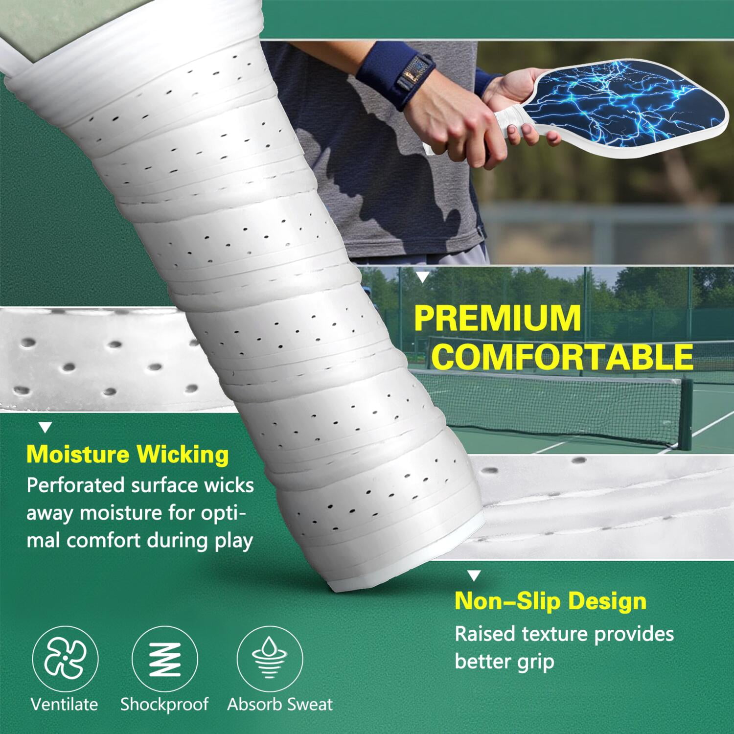 Pickleball Paddles Set Of 1, Fiberglass Surface, Speed, Lightning, Thunder Print, 1 Paddle, 2 Balls & Bag
