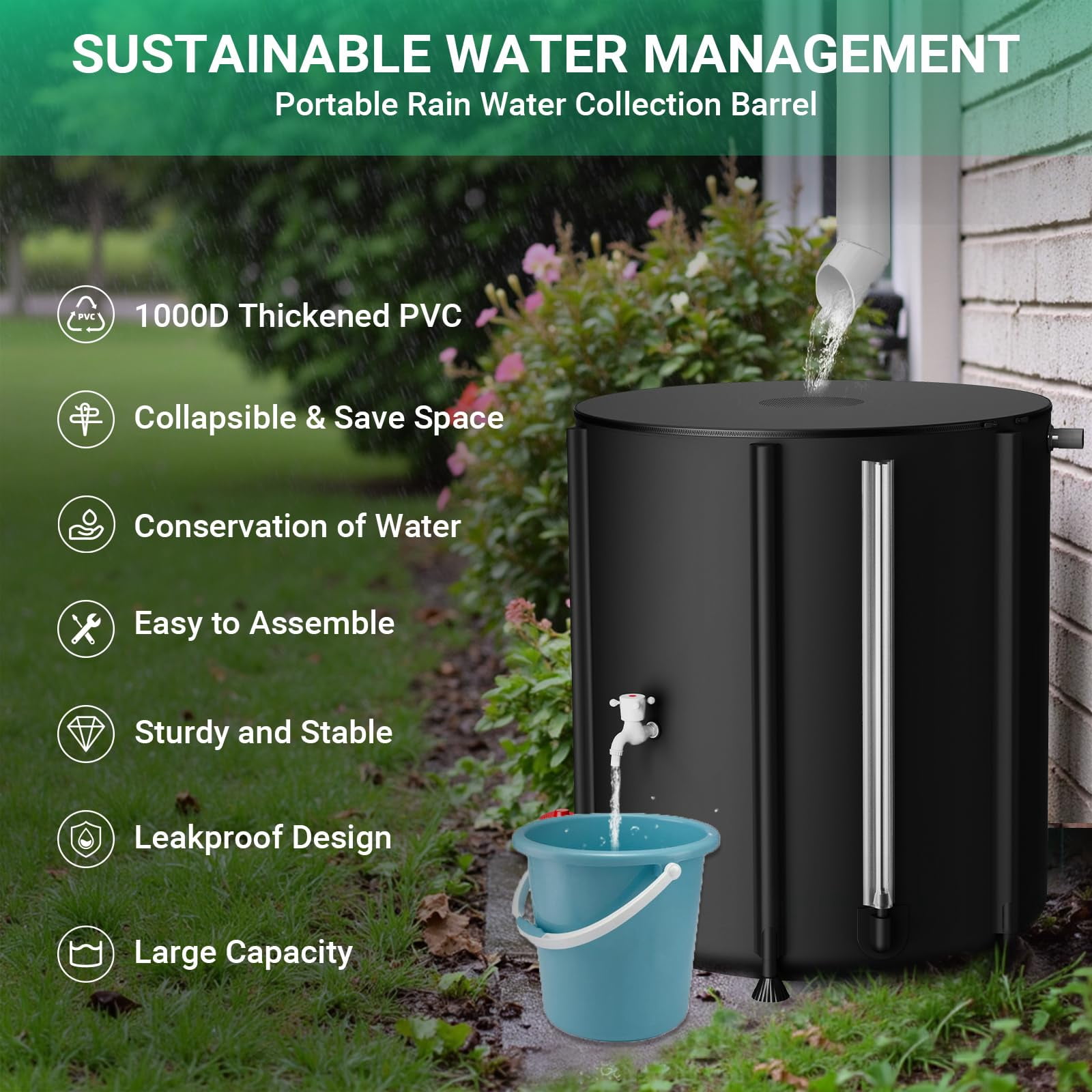 53 Gallon Collapsible Rain Barrel 1000D Rainwater Collection Storage Tank with Garden Hose