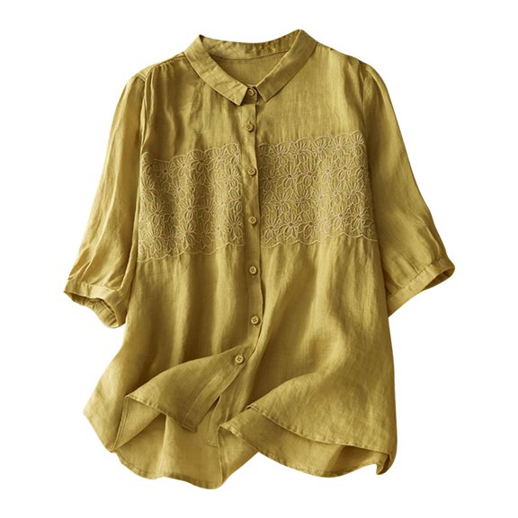KBZDBZC Womens Tops and Blouses Vintage Floral Embroidery Long Sleeve Button Up Breathable Cotton Linen Shirt Womans Blouses Women's Tshirts Womens Tee Shirts (Yellow,XL)