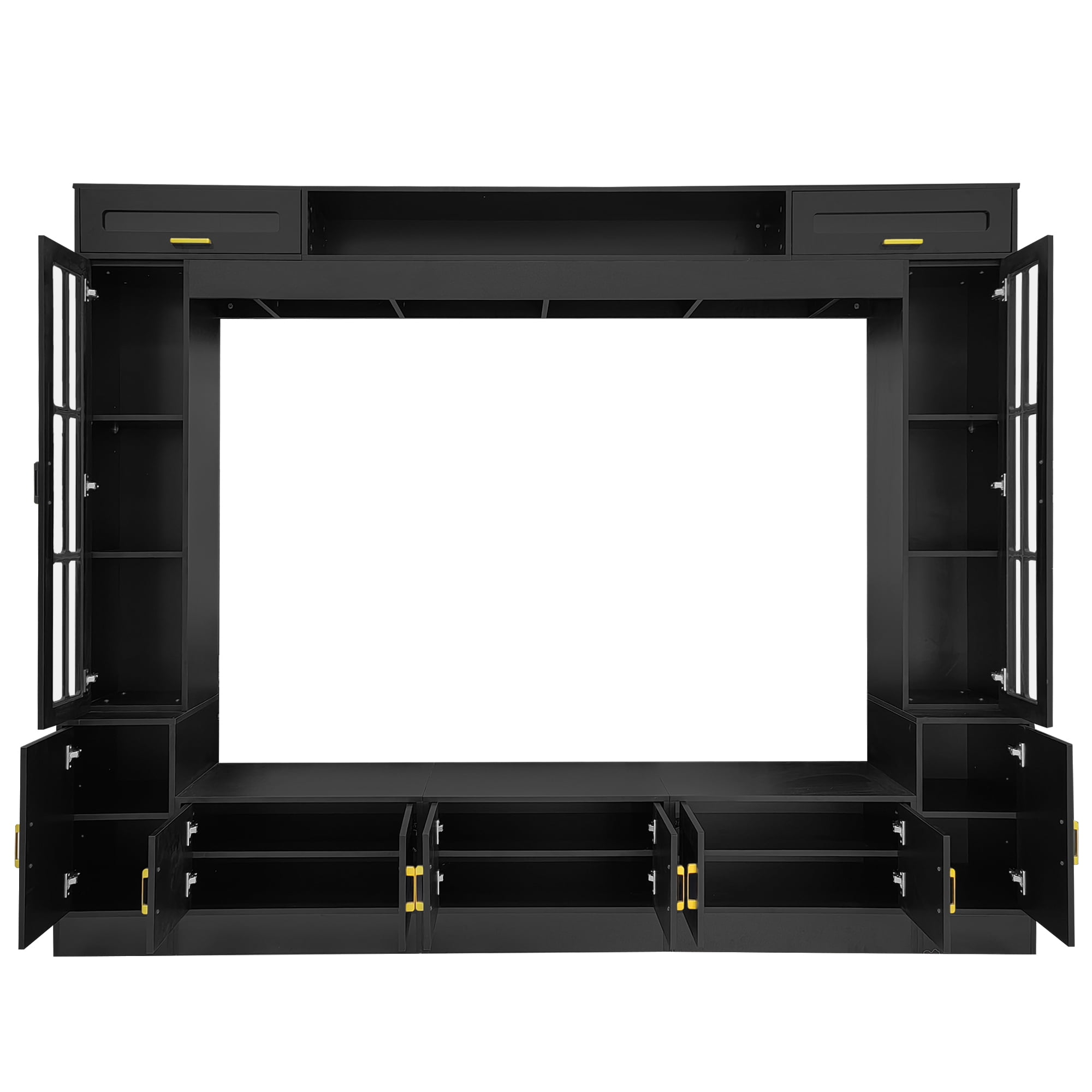 Aukfa Modern 98.4" Wall Unit TV Stand for TVs up to 80",Entertainment Center with Glass Doors & Storage Cabinets for Living Room Furniture, Black