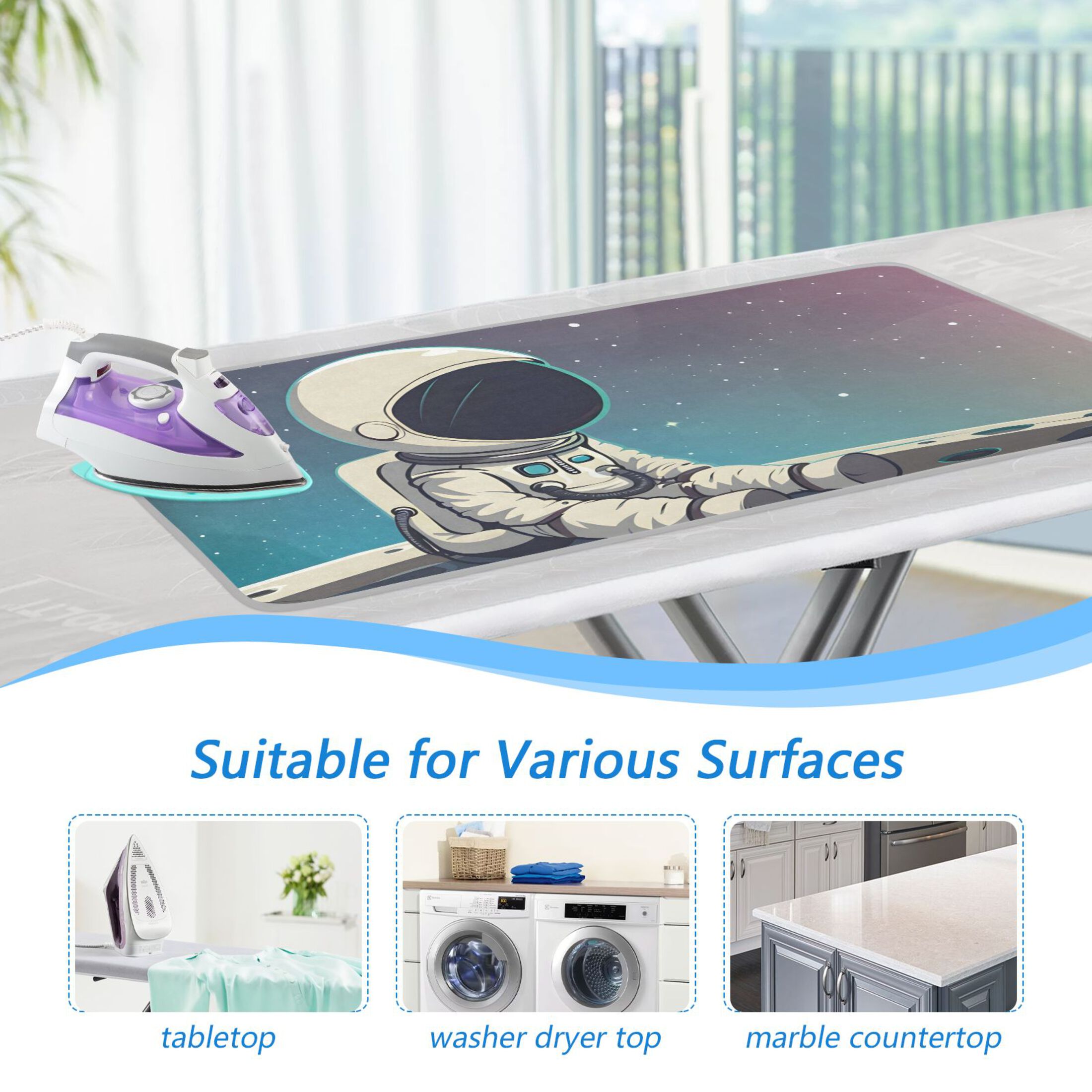 Cute Astronaut Sit on Planet Ironing Mat Blanket Portable Travel Ironing Pad Heat Resistant Pad 47.2" x 27.6”
