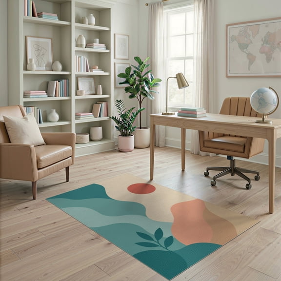 ODIKA 4'x6' Teal Coral Waves and Serene Sunset Design Washable Area Rug Abstract Oceanic Forms with a Touch of Nature Pet Friendly, Non-Shedding for Bedroom, Reading Nook