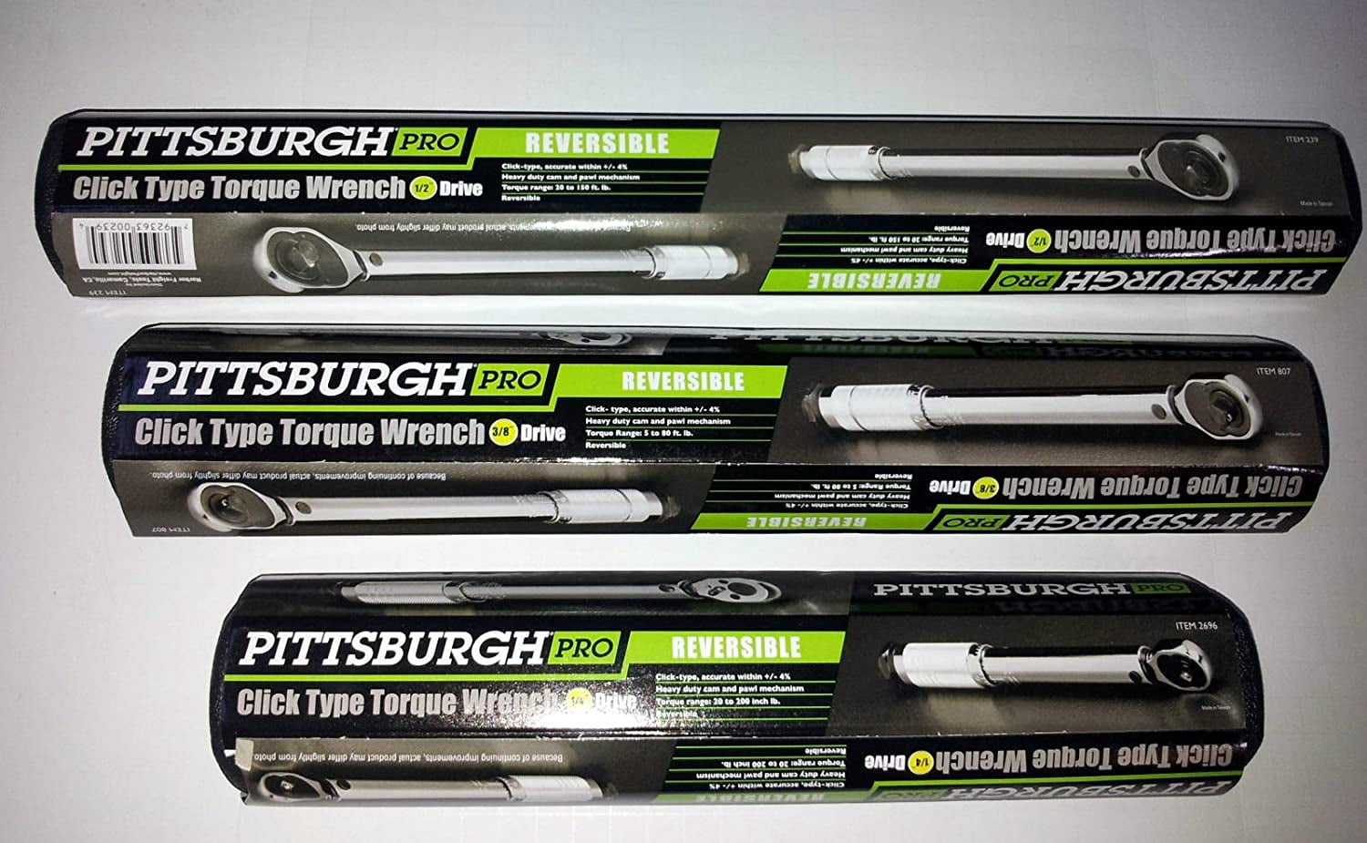 Set of 3 Pittsburgh Pro Reversible Click Type Torque Wrench Sizes 1/4", 3/8", 1/2"