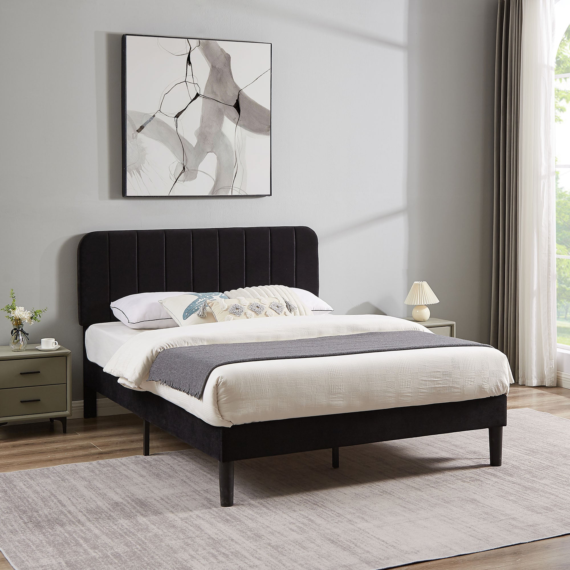 VECELO Queen Size Bed Frame with Upholstered Headboard, Velvet Platform Bedframe Mattress Foundation, Strong Wood Slat Support, No Box Spring Needed,Velvet Black