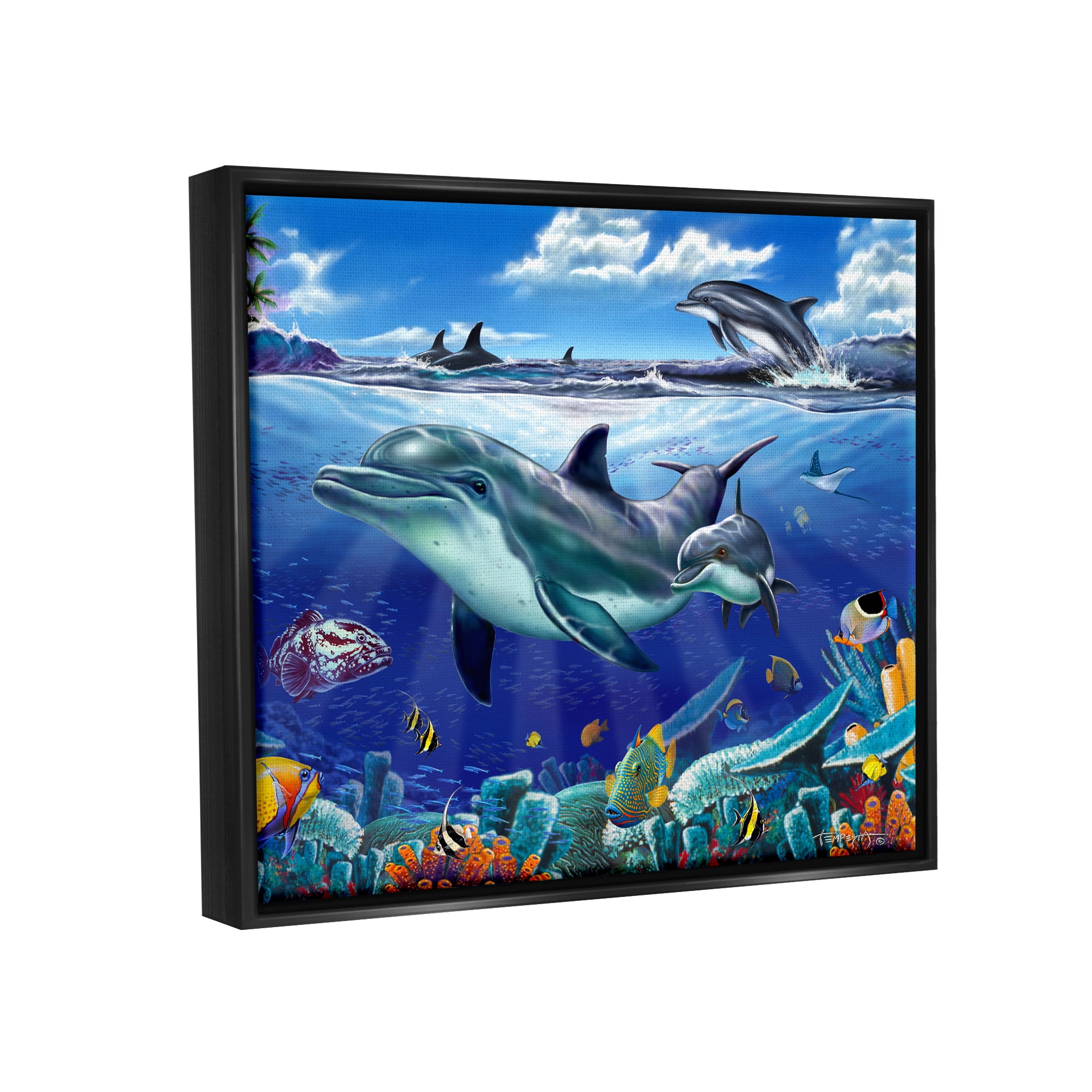 Stupell Industries Dolphins Swimming Bold Coral Reef Coastal Painting Black Floater Framed Art Print Wall Art