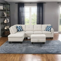 Hommoo L-Shaped Upholstered Sectional Sofa Couch with Storage & Cup Holders, Linen Living Room Sofa Set, With Ottoman, Beige