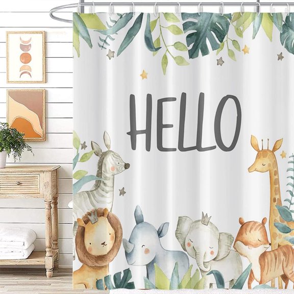 Jungle Animals Shower Curtains Cartoon Safari Jungle Animals Tropical Leaves Machine Washable Waterproof Fabric for Bathroom Decor Curtains Set with Hooks, 36x72 Inch