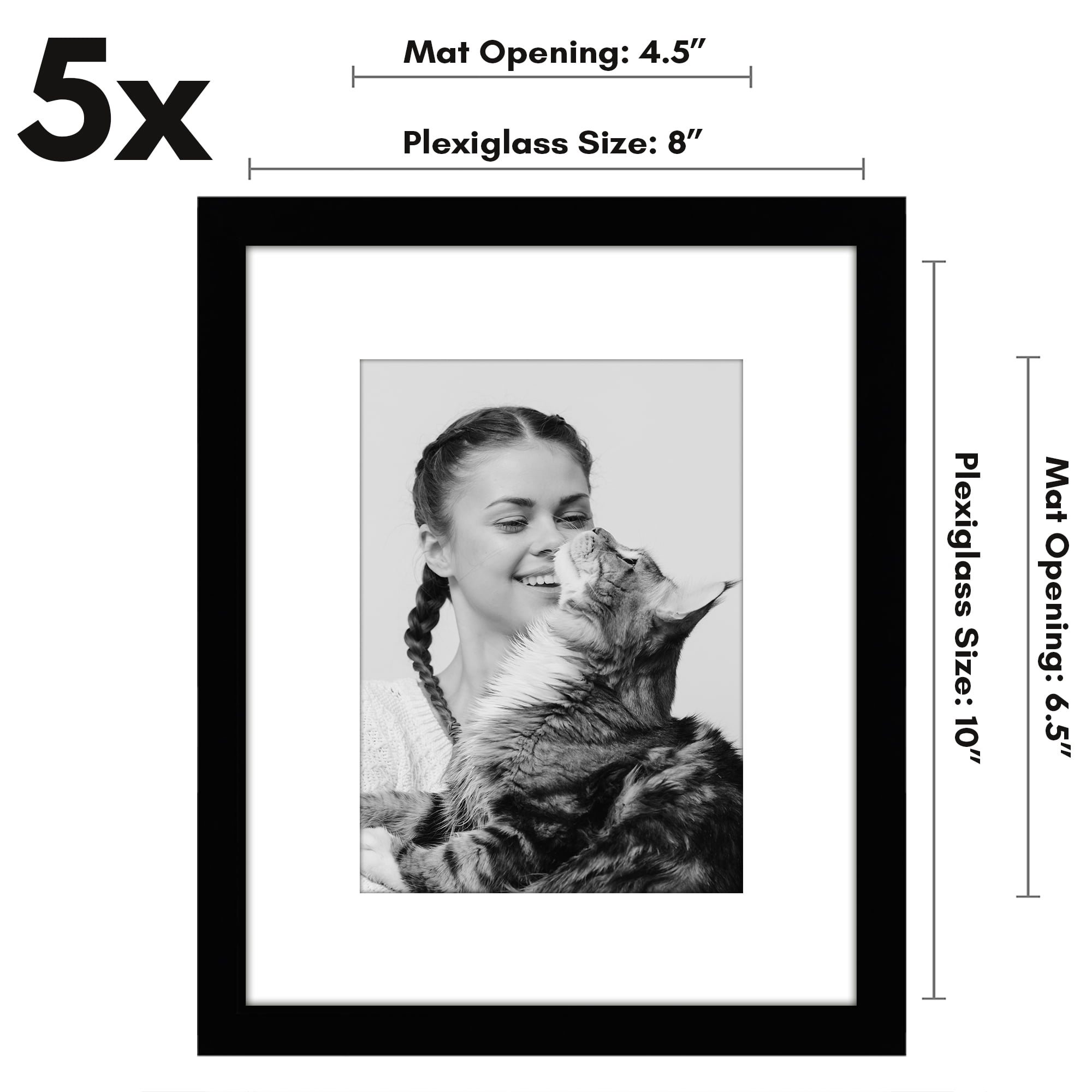 Americanflat 8x10 Picture Frame with Polished Plexiglass with 5x7 Mat 5 Pack Display Photo Galleria - Black