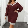 thumbnail image 2 of Ynynloco Plus Size Sweater Dresses for Women 2025 Cable Knit V Neck Long Sleeve Color Block Pullover Tunic Sweaters Casual Loose Fall Dresses, 2 of 5