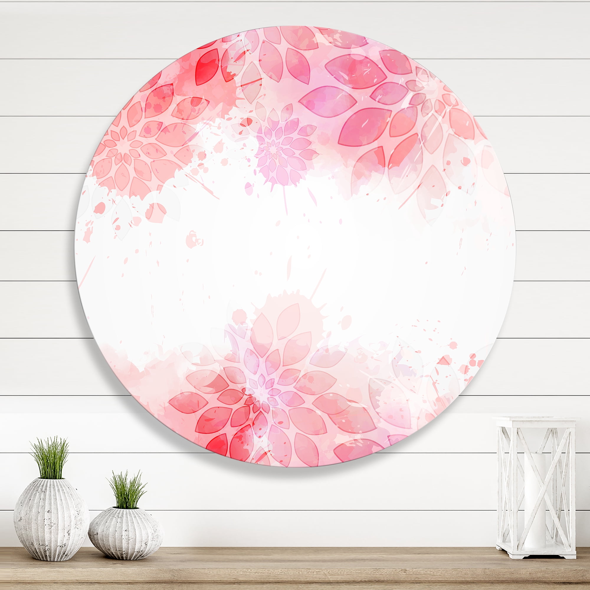 Designart 'Abstract Splashes of Pink Flowers II' Modern Circle Metal Wall Art 23x23 - Disc of 23