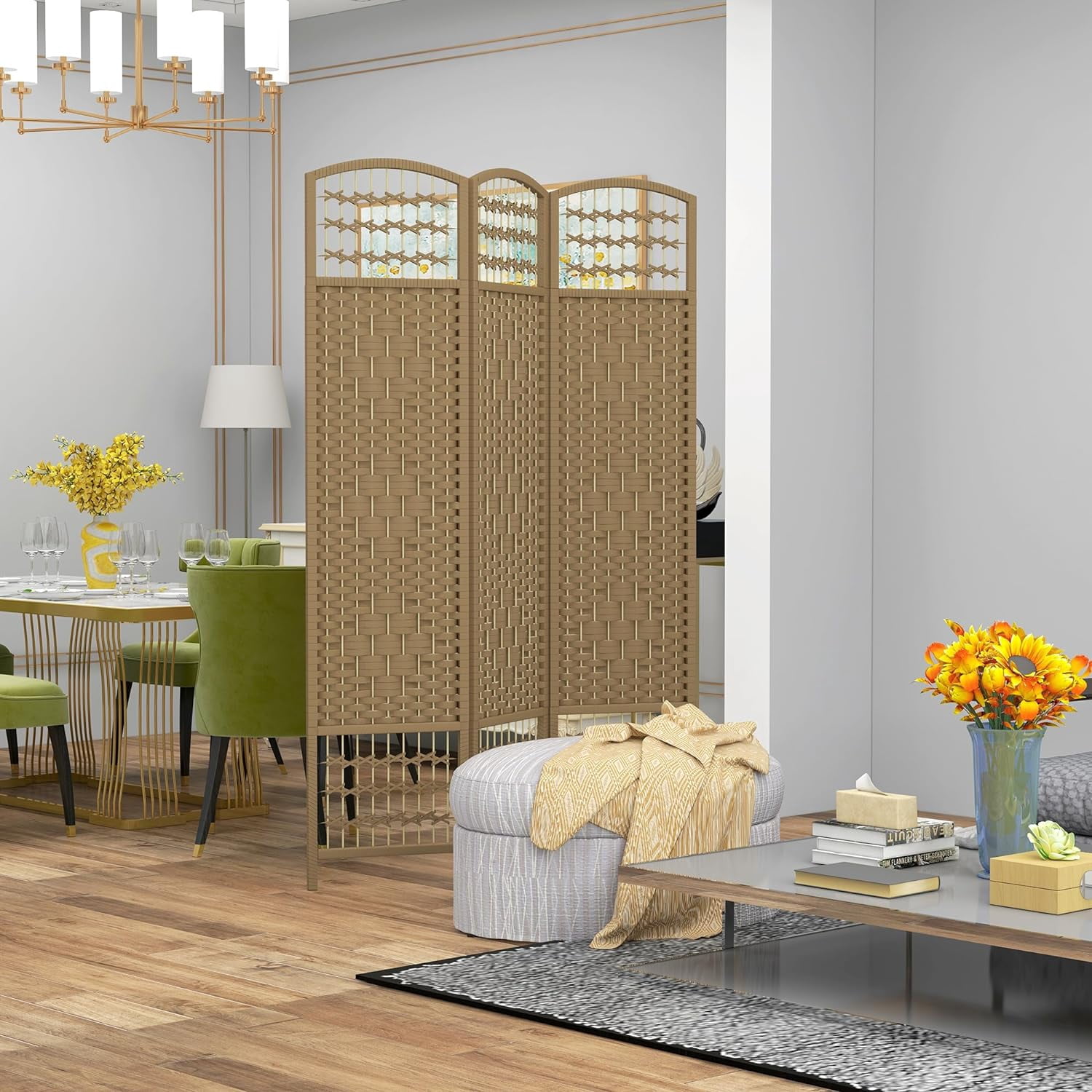 NIUMU 3 Panel Room Divider, Folding Privacy Screen, 5.6' Room Separator, Wave Fiber Freestanding Partition Wall Divider, Natural