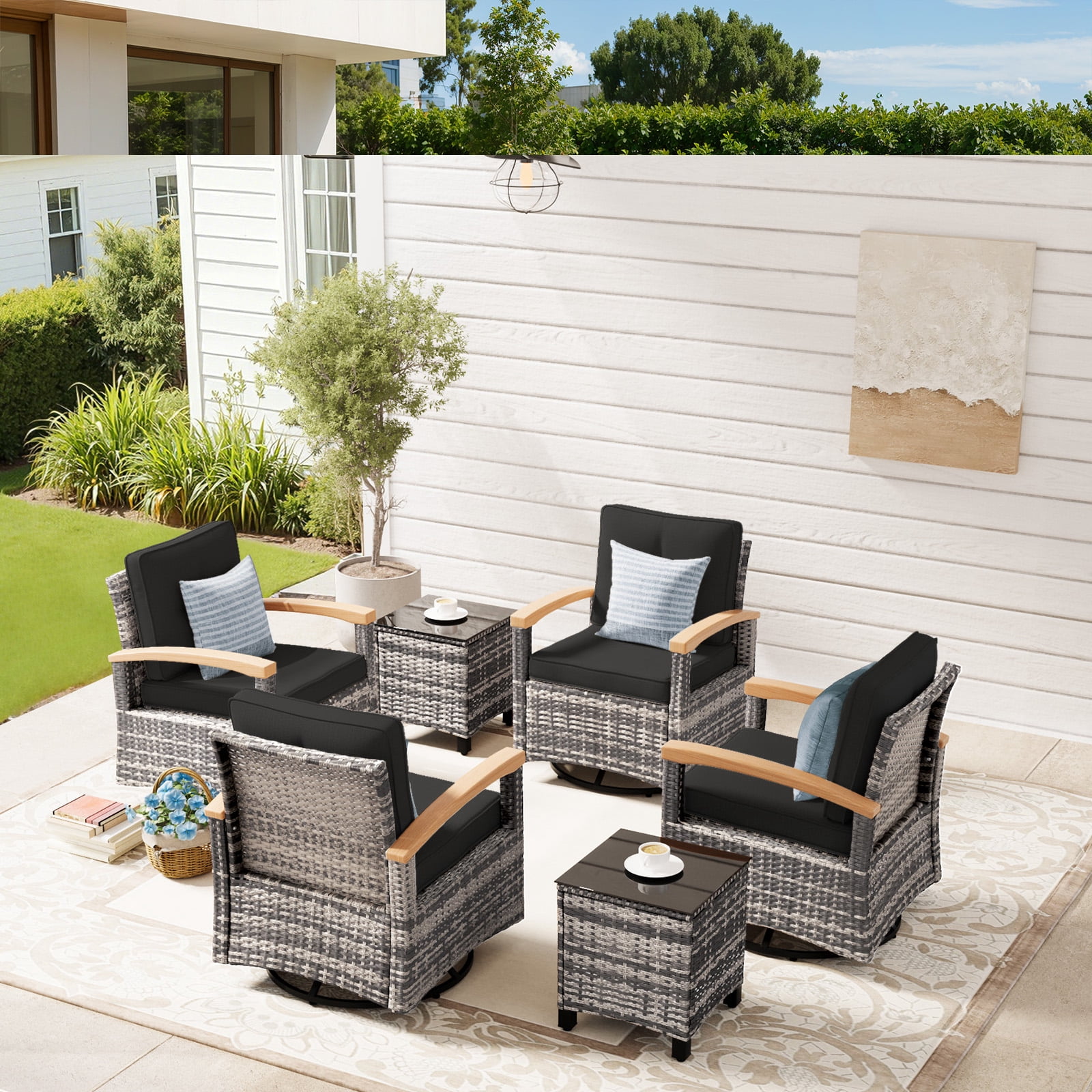 MEISSALIVVE 6 Pieces Patio Furniture Sets, Wicker Patio Conversation Sets with 4 Wood Armrests Swivel Glide Chairs，Outdoor Conversation Set for Deck Yard and Poolside (Black)