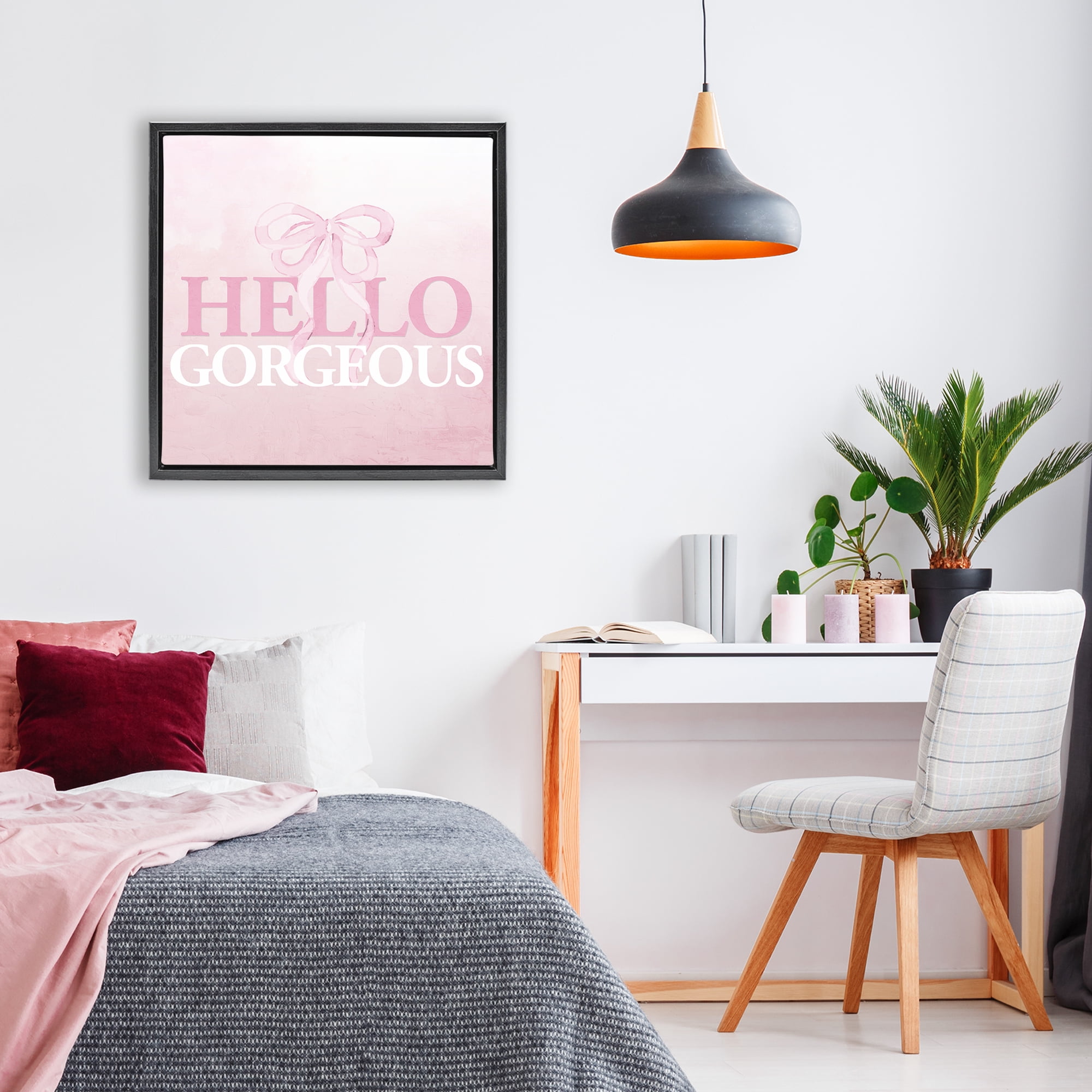 Feminine Hello Gorgeous Black Framed Floater Canvas Wall Art, design by Kim Allen