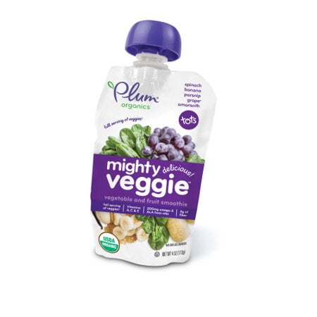 Plum Organics Tots Mighty Veggie Spinach, Parsnip, Grape & Amaranth Vegetable & Fruit Smoothie Baby Food, 4 oz, (Pack of 6)
