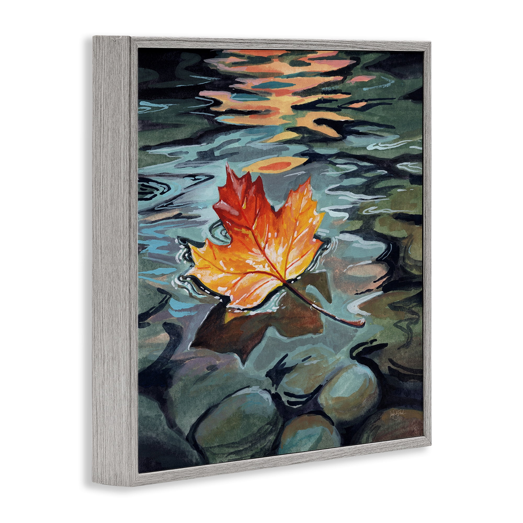 Stupell Industries Maple Leaf Floating in Stream Gray Framed Giclee Art, design by Kate Jarvik Birch