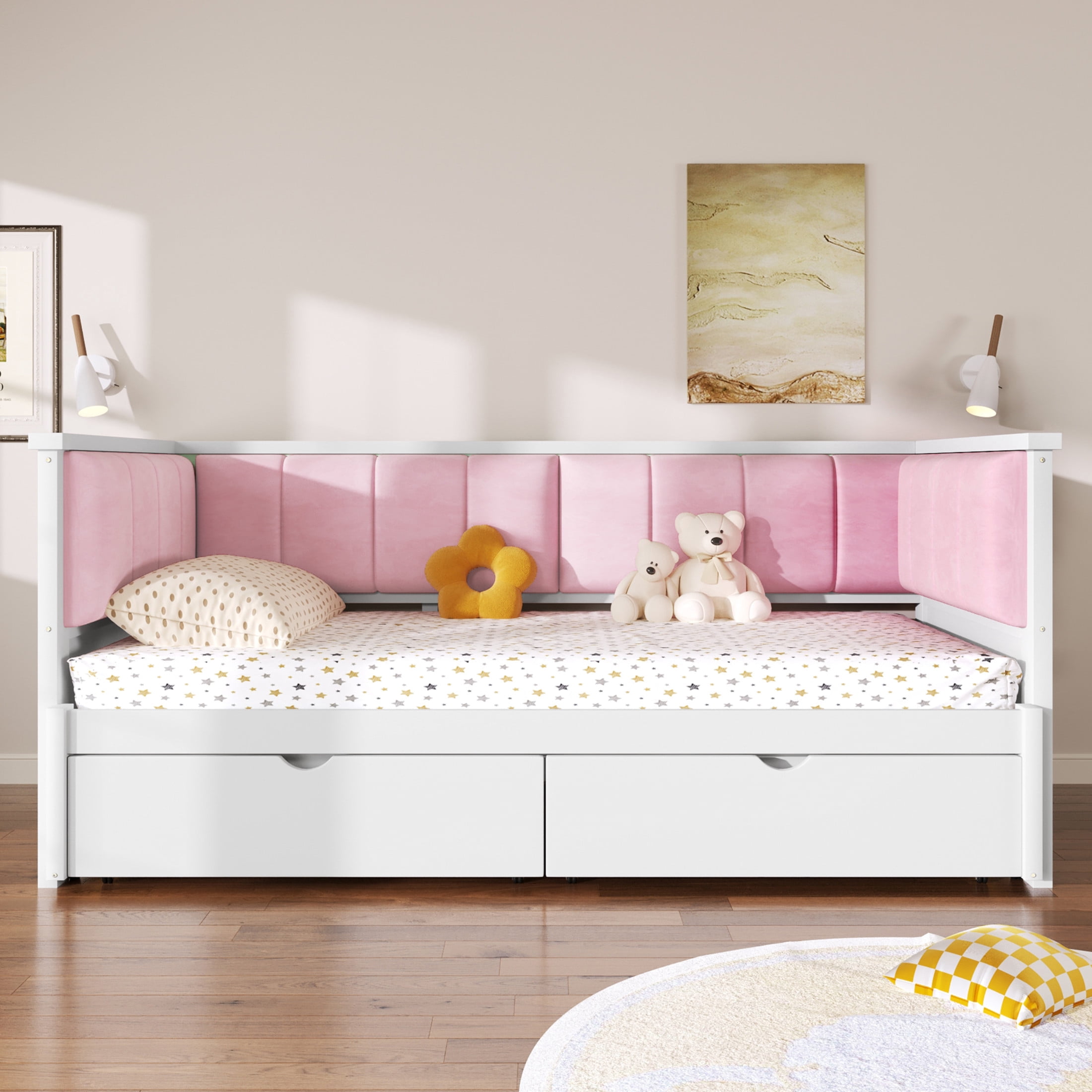 Noble House Henry Twin XL to King Size Expandable Daybed with Storage Drawers and Upholstered Backrest, White and Pink