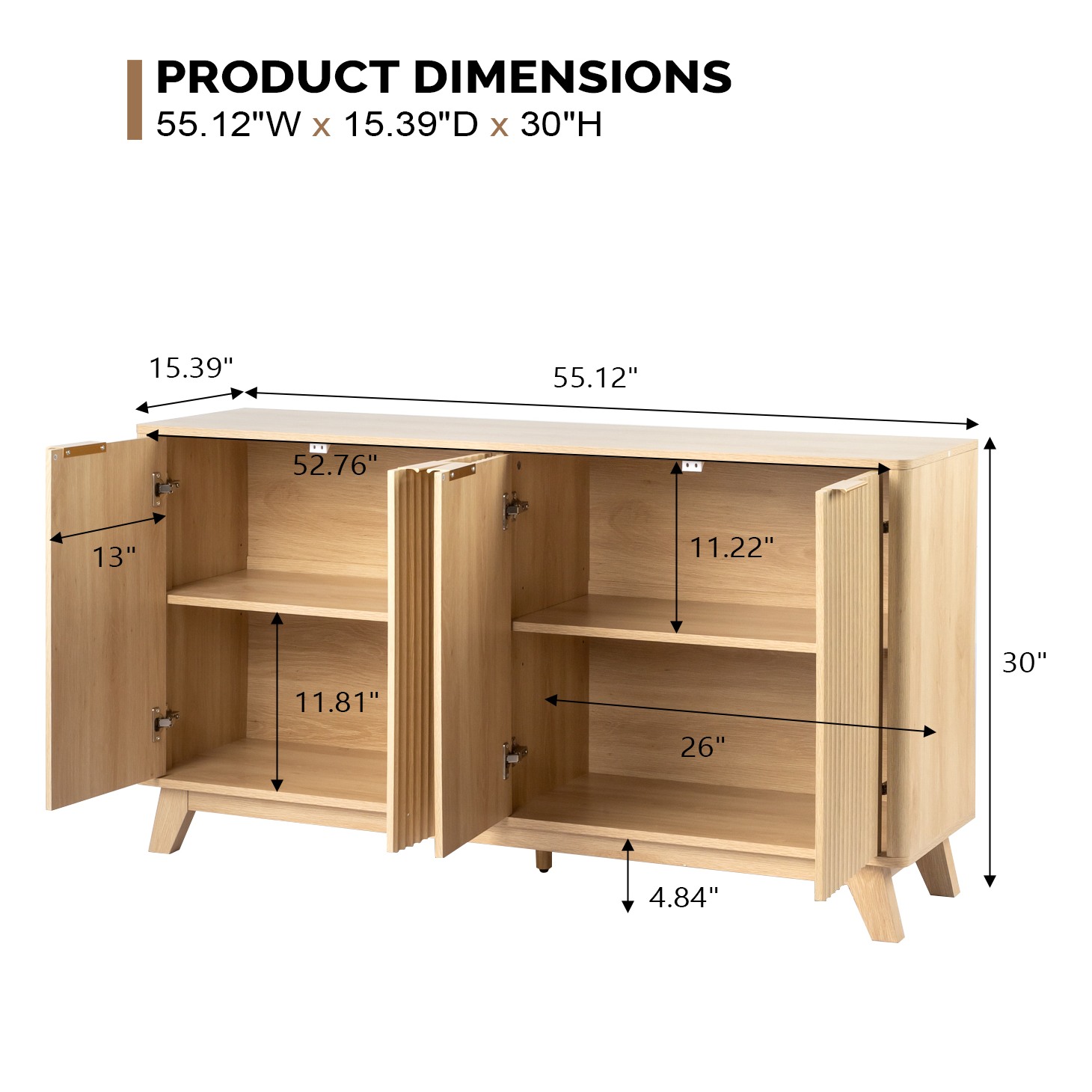 UBesGoo Kitchen Sodeboard with 4 Fluted Doors, 55" Modern Kitchen Pantry Storage Food Cabinet, Boho Accent Buffet for Kitchen, Dining Room Living Room Console Table