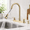 Brushed Gold-4 Holes Pull Down, variant on 2 Holes Nickel Stainless Steel Pull Down Kitchen Faucet with Single Handle and 3 Modes