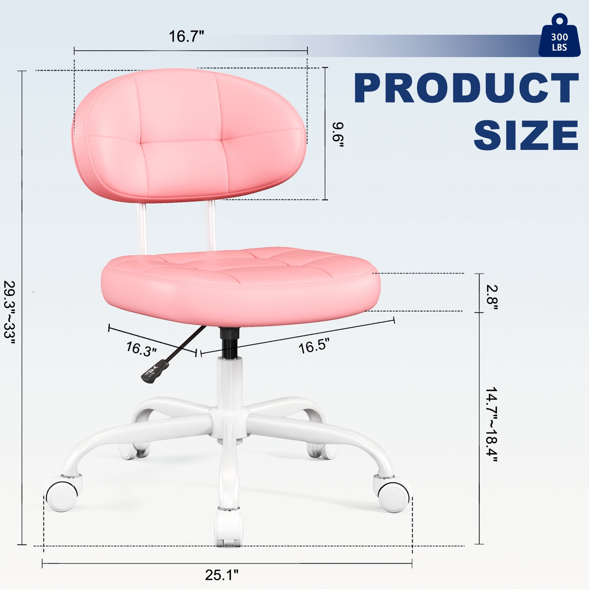 Misolant Vanity Chair with back, Small Armless Cute office Chair with wheels and Lumbar support, Comfy PU Leather Desk Computer Chairs with Adjustable Height, 360°Swivel for Home Bedroom Office
