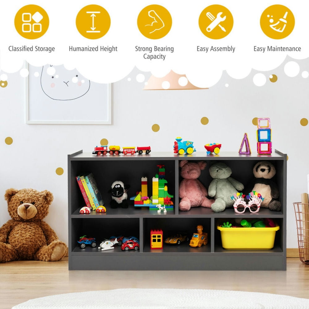 Resenkos Kids 2-Shelf Bookcase 5-Cube Wood Toy Storage Cabinet Organizer-Gray, Kids Toy Storage for Kids, Boys, Girls, Nursery