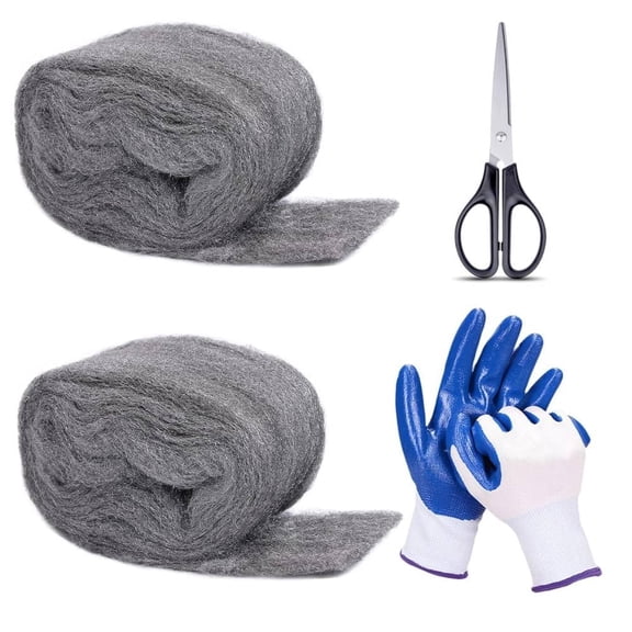 2 Pack Steel Wool for Mice Control 3.2" x 10.5 ft Wool, Gap Filler for Home & Garage, DIY Bundle with Gloves & Scissors