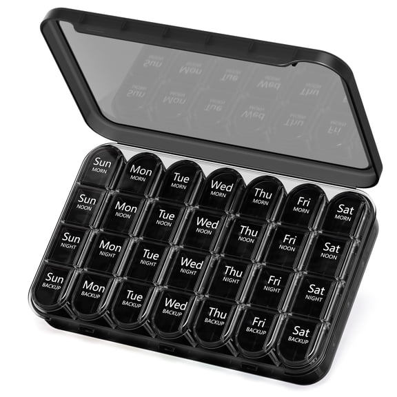 Weekly Pill Organizer 4 Times a Day, 7 Day Pill Box Case for Travel, Large Medication Container for Daily Vitamin and Medicine, with Portable Compartments (Black)