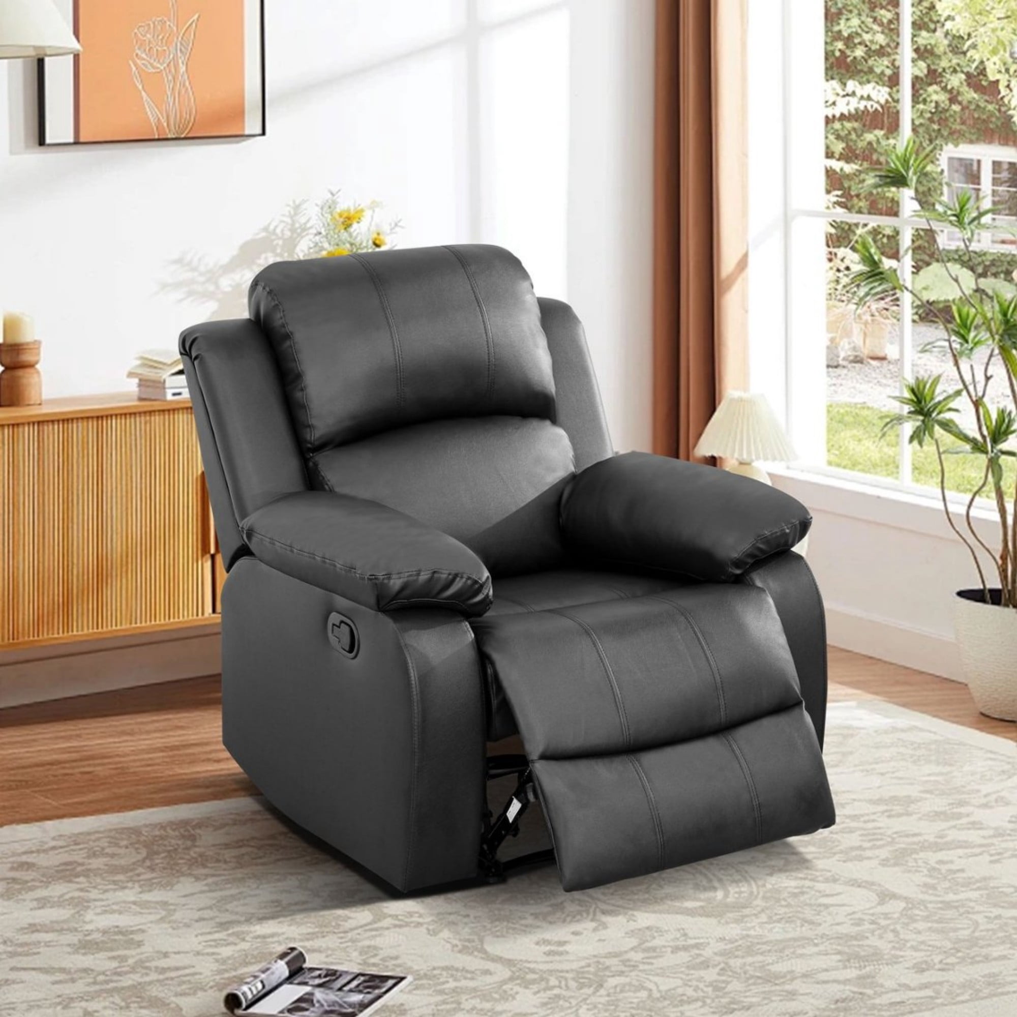 BSHTI PU Manual Recliner Chair – Single Sofa Recliner with Adjustable Backrest, High-Density Foam, Hardwood Frame, Comfort Lazy Chair for Living Room, Bedroom, Black