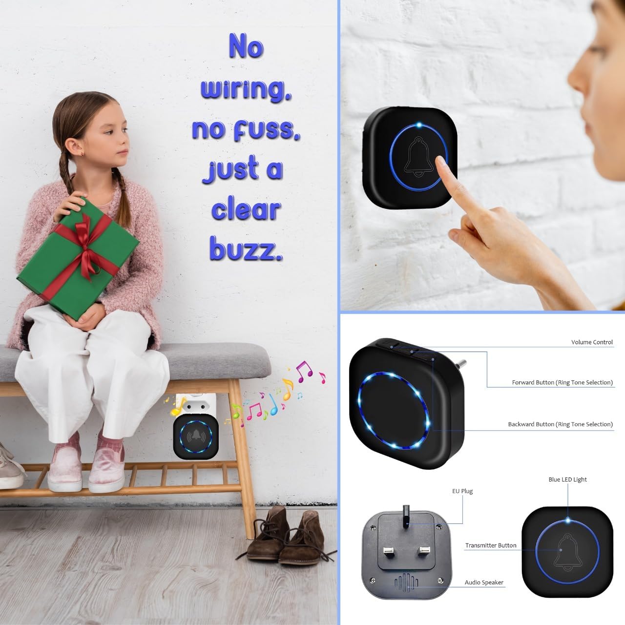 SONGAUN Wireless Plug-in Doorbell with 1 Receiver & 2 Waterproof Transmitter Door Bells – 110dB Sound, 36 Melodies, Easy Installation, Cordless Home Security System, Ideal for Front Doors & Entryways