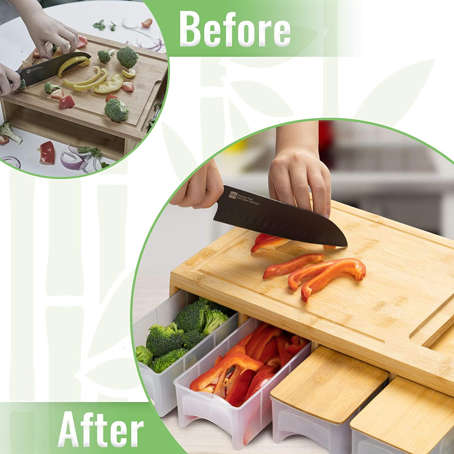 Organic Bamboo Cutting Board with Containers Chopping Carving for Storage  Prep