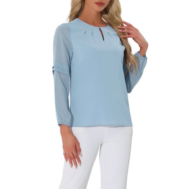 INSPIRAR CHIC Blusa de gasa para mujer con cuello de ojal, mangas de patchwork, elegante top de trabajo XL en gris azul