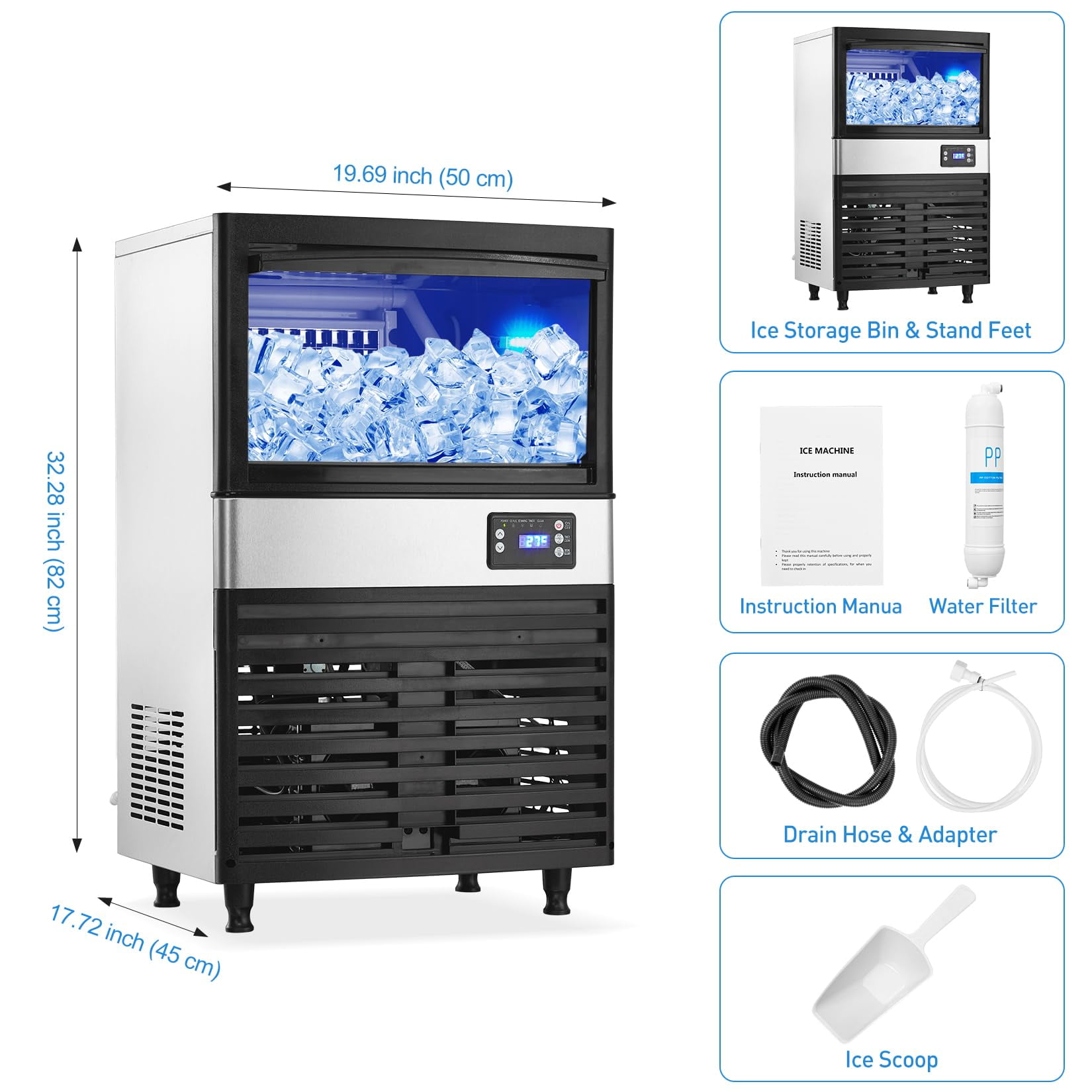 EastVita Multi-style Commercial Ice Maker Machine, with Storage Bin, Clear Ice Cubes, Counter Freestanding Ice Machine for Home/Party/Bar/Restaurant