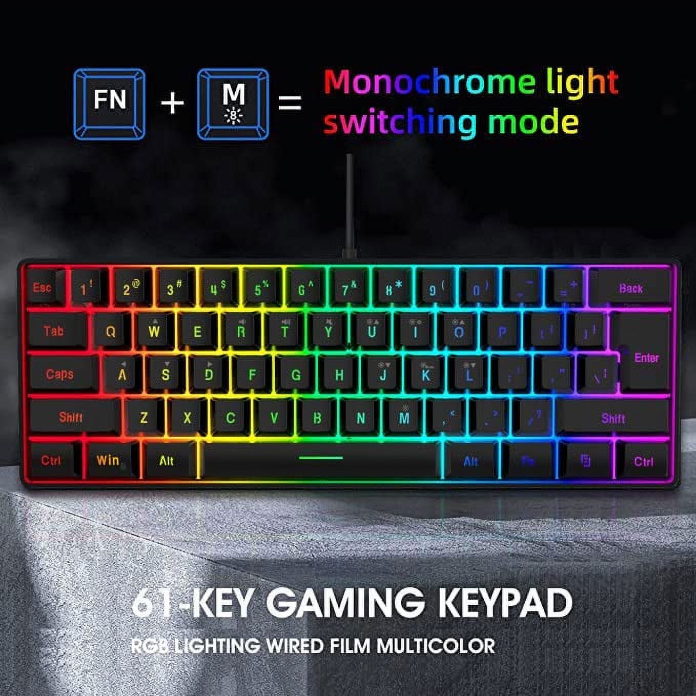 DGG K60 61 Keys RGB Backlit 60% Wired Gaming Keyboard, Quiet Ergonomic Waterproof Mini Compact 60 Percent Mechanical Feeling Keyboard, for PC Mac PS4 Xbox Gamer, Typist, Travel - image 4 of 9