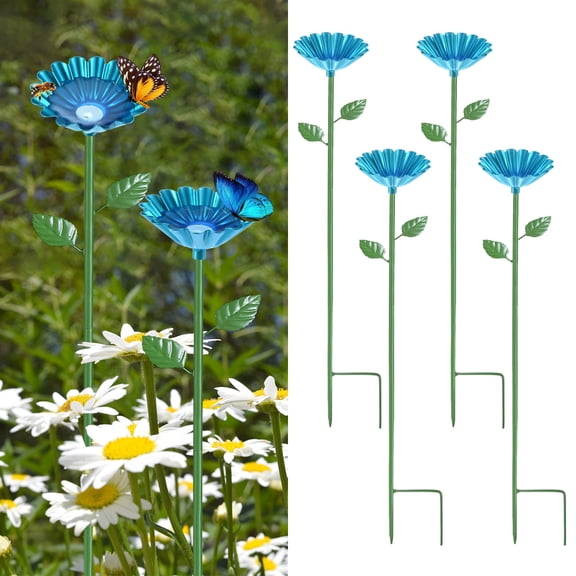 Uxcell 4-Pack Bee Watering Station, 64cm/25 Inch Iron Bee Bath for Garden Water Feeder, Colorful Butterfly Bath Bowl for Outdoor/Garden/Yard Decor [Blue]