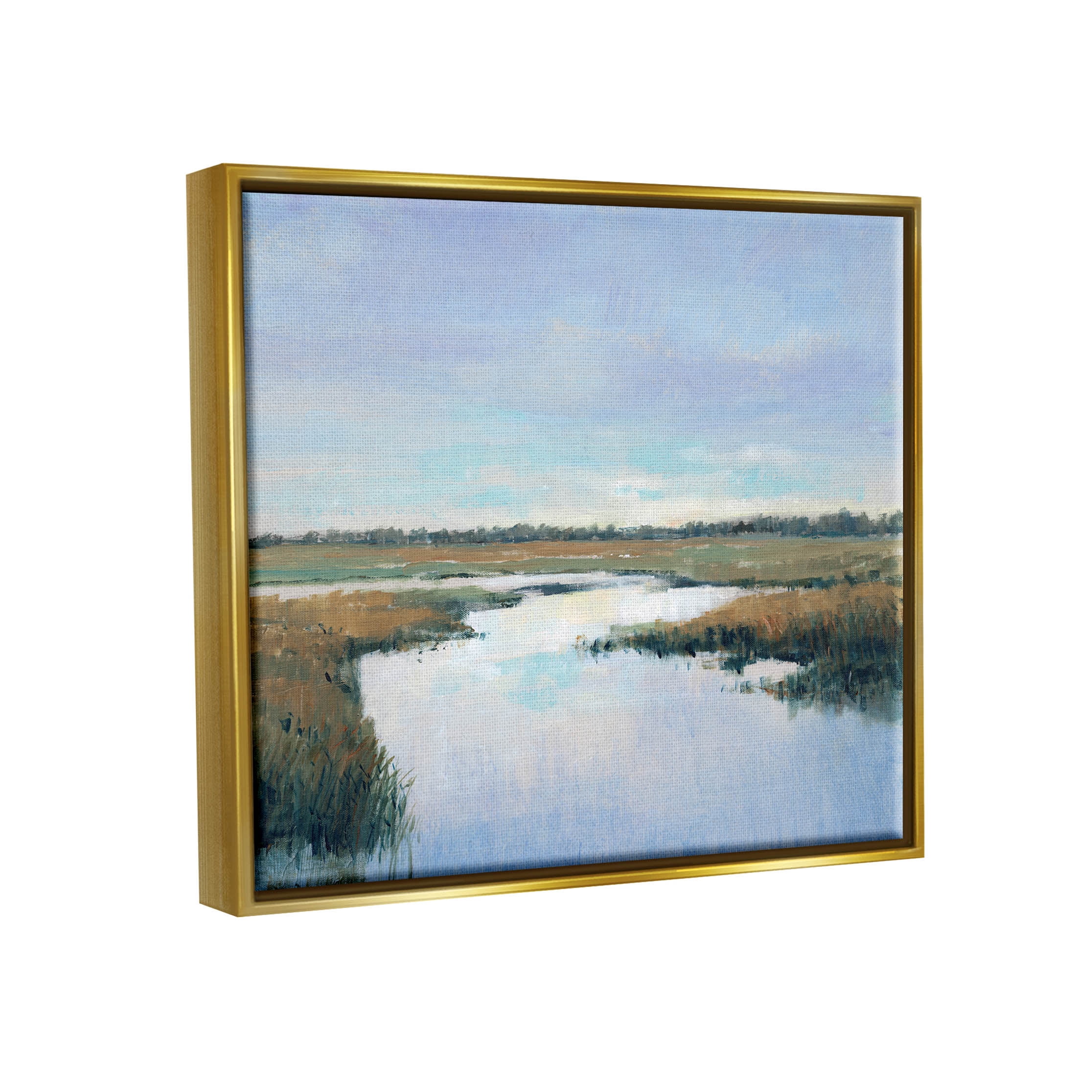 Stupell Industries Rural River Horizon Landscape Painting Metallic Gold Floating Framed Canvas Print Wall Art, Design by Tim OToole