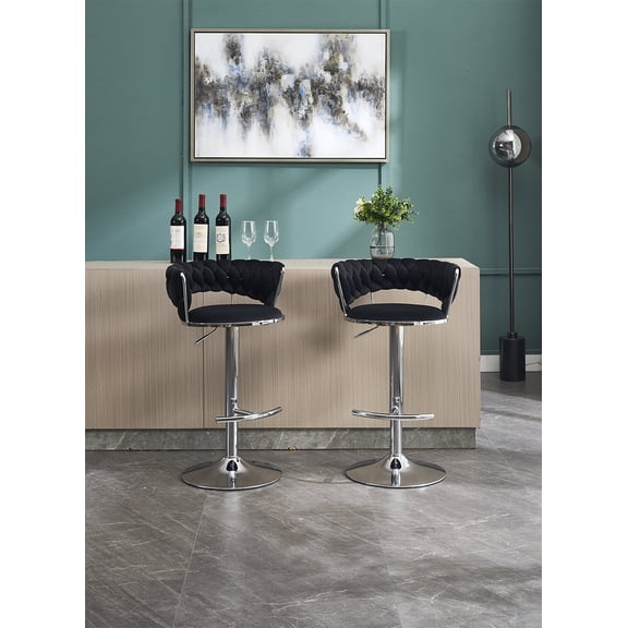 Dining Chairs Set of 2 Bar Stools,with Chrome Footrest and Base Swivel Height Adjustable Mechanical Lifting Velvet Chrome Leg Simple Bar Stool-BLACK,Wooden Dining Chairs