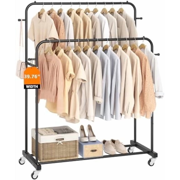 Double Rods Garment Rack with Wheels, Clothing Rack for Hanging Clothes,4 Hooks, Multi-functional Bedroom Clothes Rack, Black
