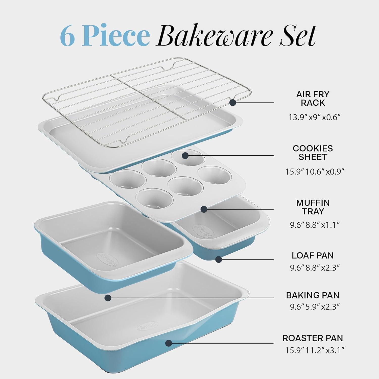 Gotham Steel 6 Pc Stackable Baking Pans Set Non Stick, 70% Space Saving Design, Nonstick Ceramic Bakeware Sets Non Toxic, with Baking Sheet Tray, Cake & Muffin Pans, Oven & Dishwasher Safe