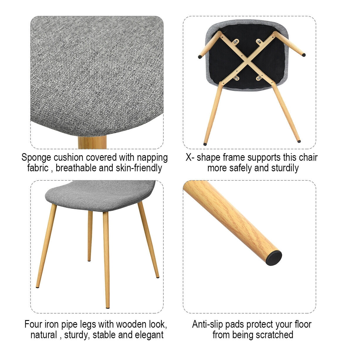 Gymax Set of 4 Dining Chairs Fabric Cushion Kitchen Side Chairs Gray