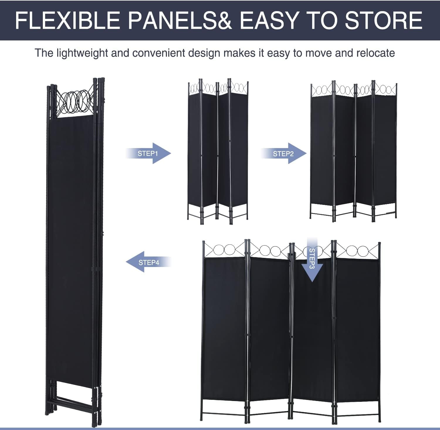 BIQWBIC 4-Panel Room Dividers and Folding Privacy Screens, 6.8 Ft Fabric Partition Screen, Black
